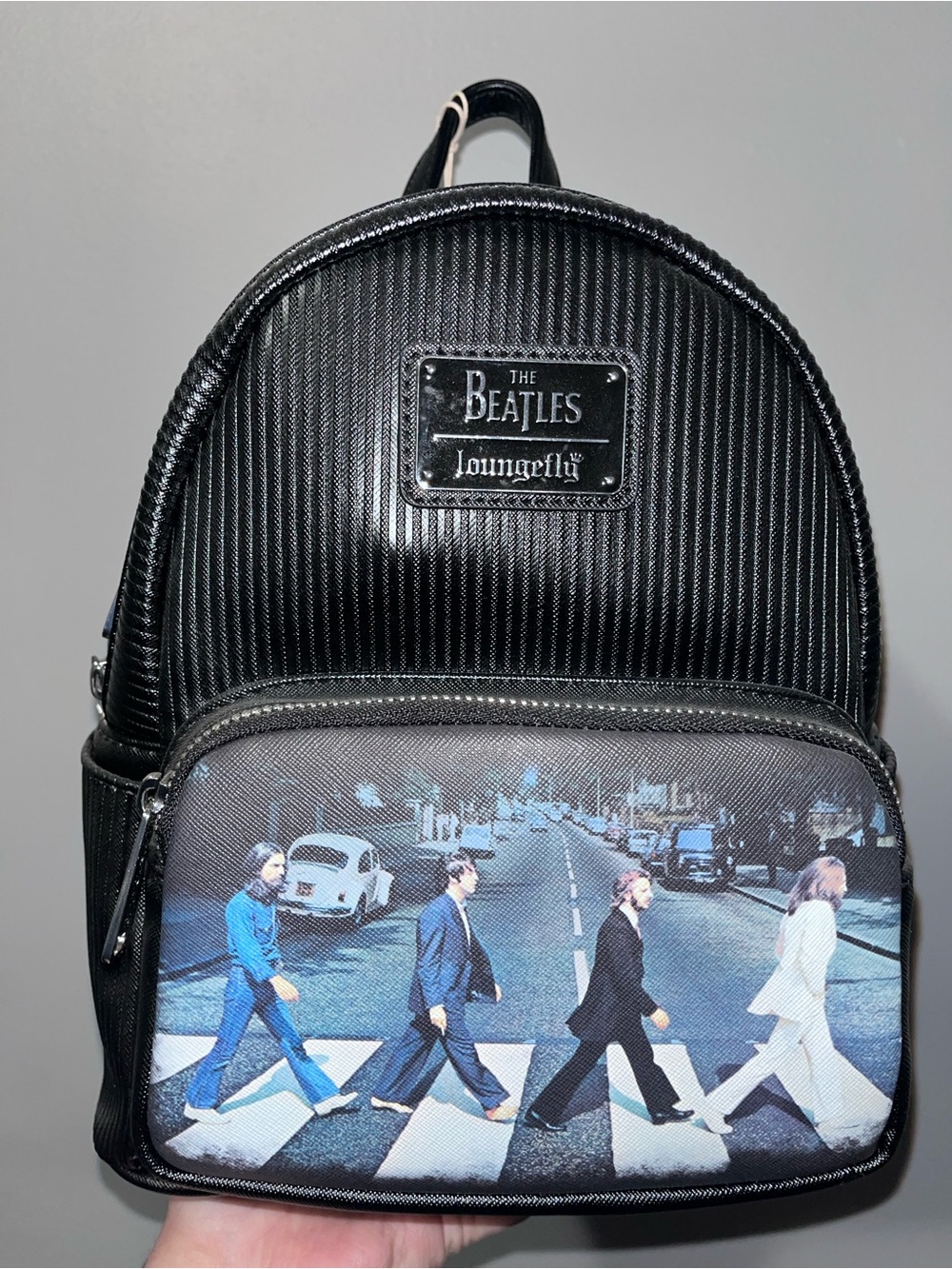 Loungefly Black Beatles Abbey Road Mini Backpack with Printed Front Pocket
